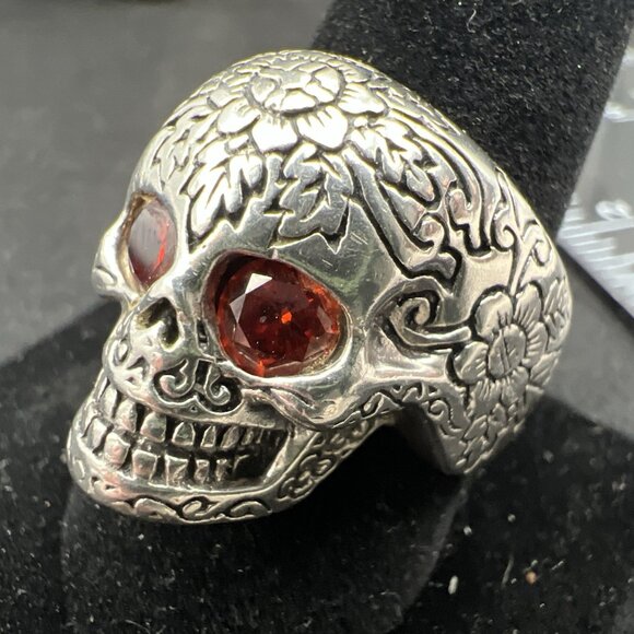 Artisan Other - Vintage Sterling Silver Skull Ring Etched Red Stone Eyes Size 10.5 12g